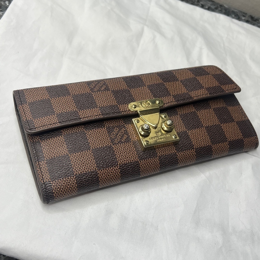 Brown Checkered Clutch Wallet with Goldtone Hardware 7.5” x 4”